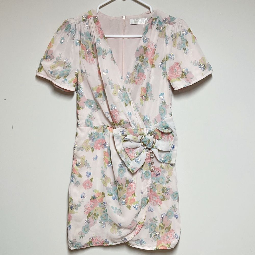 NWOT PEONY Australia Pink Embellished Heart Floral Faux Wrap Dress Sz M AU S US